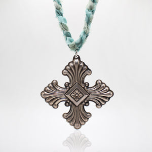 Elizabeth Sterling Silver Cross Braided Seafoam Silk Necklace