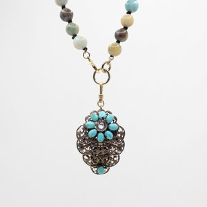 Vintage Floral Filigree Charm on Handknotted Amazonite Beaded Necklace