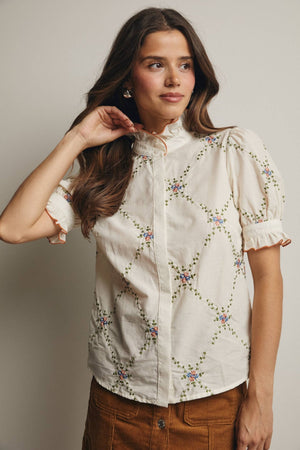 Embroidered Ruffle Collar Cotton Blouse FT0032