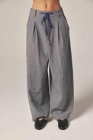 Plaid drawstring wide pants