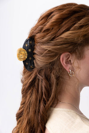 Sun and Stars Astrology Hair Claw in Gold and Black Acetate