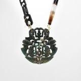 Santa Fe Deep Green Jade Hand Carved Pendant on Agate and Gutta Percha Antique Chain