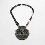 Santa Fe Deep Green Jade Hand Carved Pendant on Agate and Gutta Percha Antique Chain