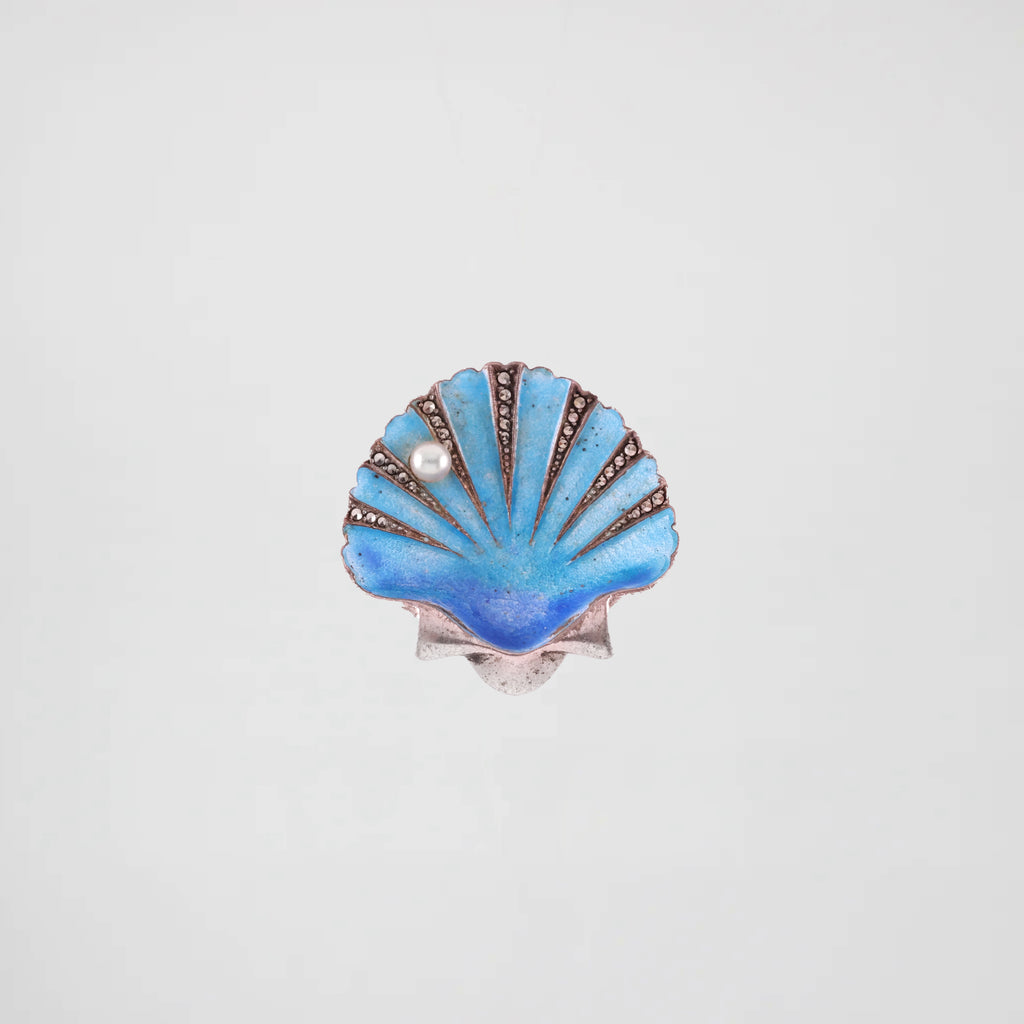 Elizabeth Vintage Sterling Cloisonne Pearl Marcasite Seashell Brooch Lulu Frost