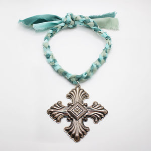 Elizabeth Sterling Silver Cross Braided Seafoam Silk Necklace