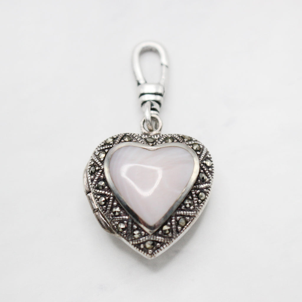 Valentine's Day Vintage 80's Marcasite Rose Quartz Heart Charm Locket