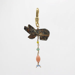 Vintage Zuni Fetish Handcarved Brown Green Turquoise Bear Charm with Beading