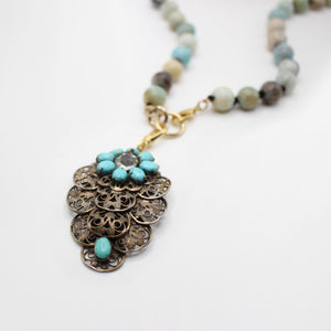 Vintage Floral Filigree Charm on Handknotted Amazonite Beaded Necklace