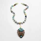 Vintage Floral Filigree Charm on Handknotted Amazonite Beaded Necklace