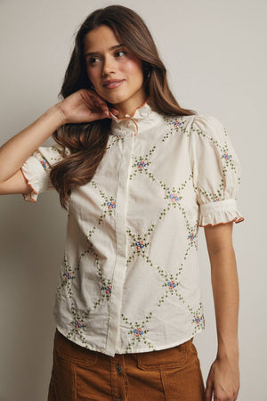 Embroidered Ruffle Collar Cotton Blouse FT0032