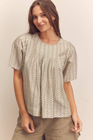 Amente Short Sleeve Sage Thread Pleated Blouse