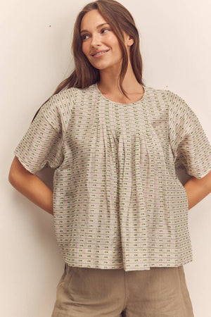 Amente Short Sleeve Sage Thread Pleated Blouse