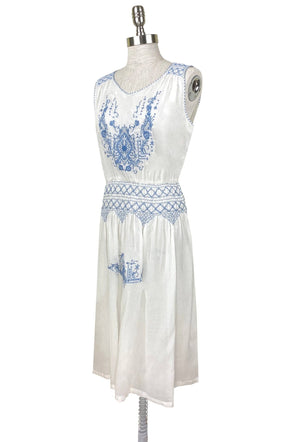 Vintage 1920's Style Embroidered French Peasant Dress - Blue