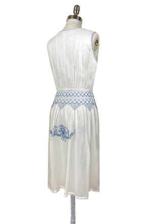 Vintage 1920's Style Embroidered French Peasant Dress - Blue