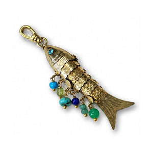 Vintage 1970's Beaded Water Color 14k Gold Plated Articulated Lucky Fish Charm