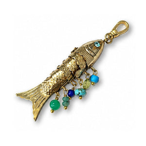Vintage 1970's Beaded Water Color 14k Gold Plated Articulated Lucky Fish Charm