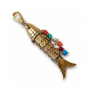 Vintage 1970's Colorful Beaded 14k Gold Plated Articulated Lucky Fish Charm