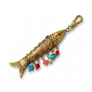 Vintage 1970's Colorful Beaded 14k Gold Plated Articulated Lucky Fish Charm
